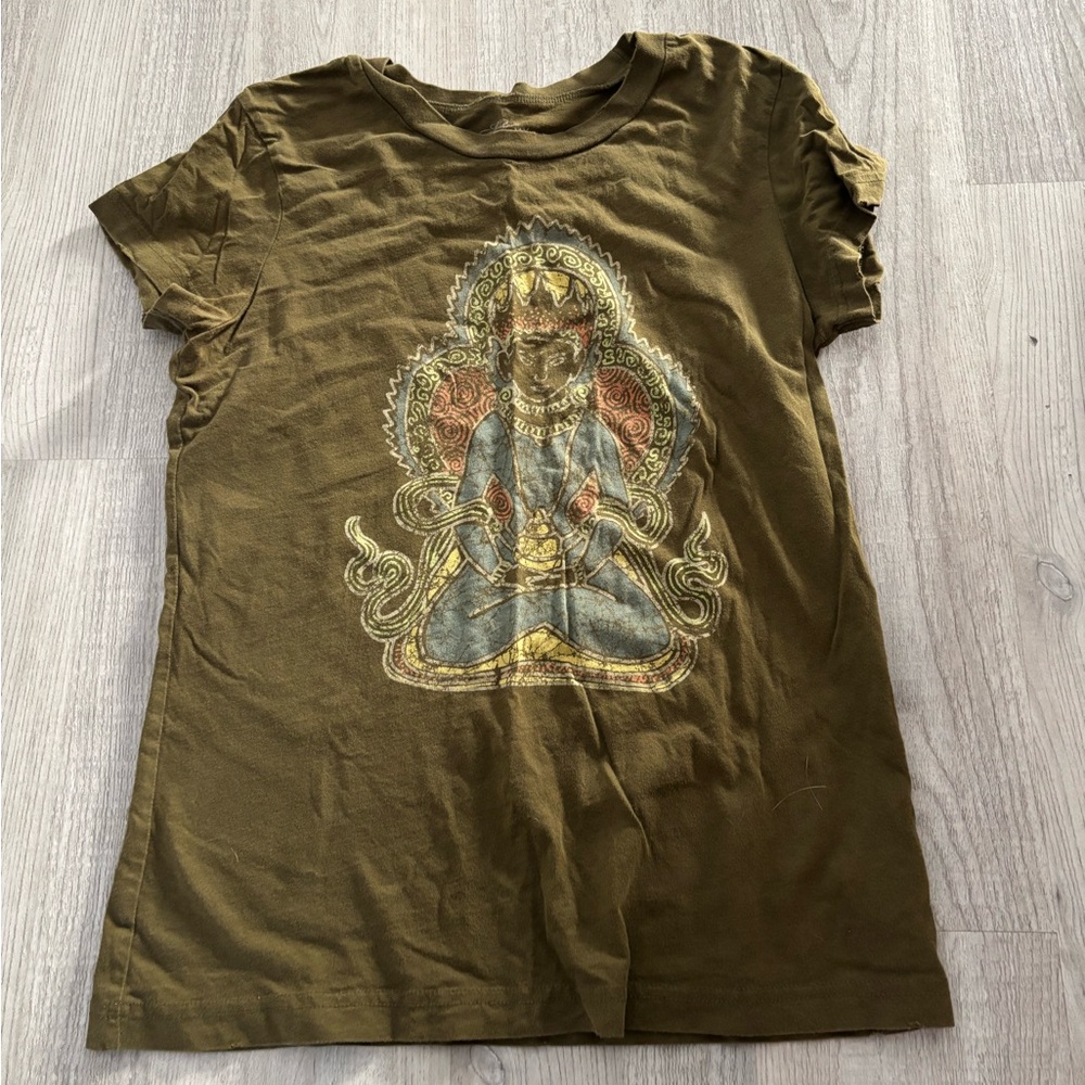 Olive green/brown short sleeve with buddha type design